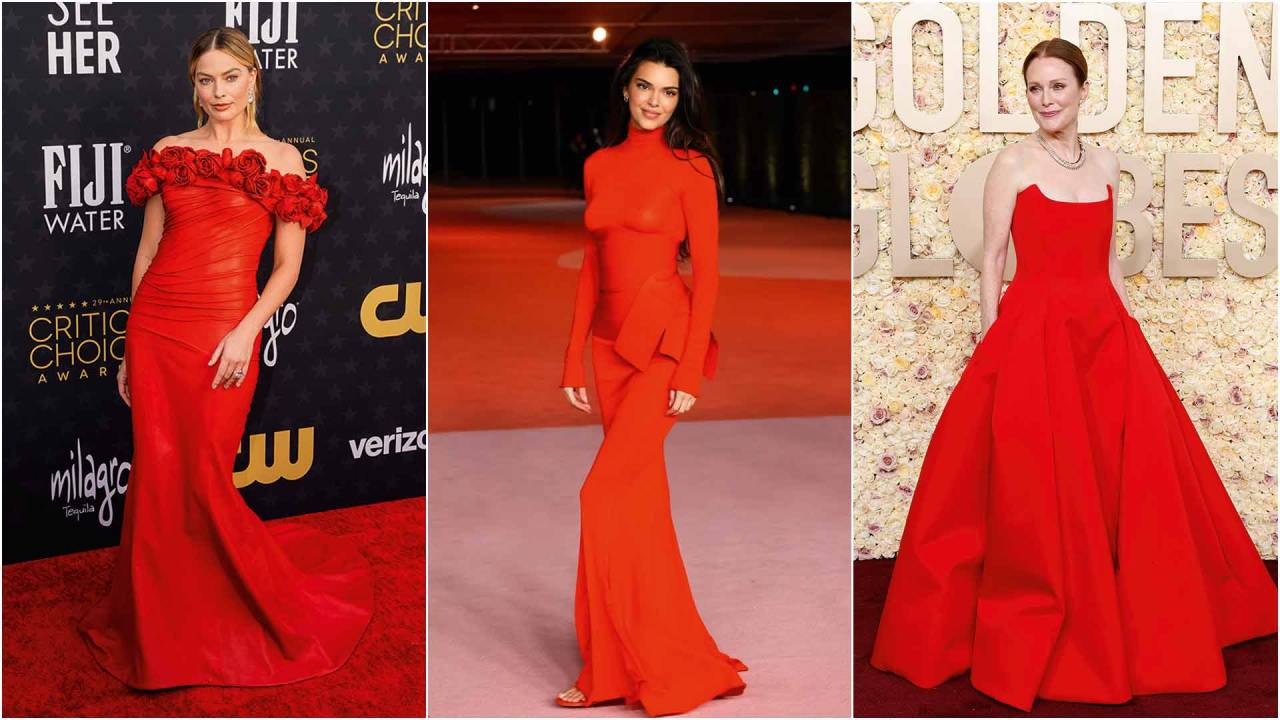 'LADIES IN RED' - Margot Robbie, Kendall Jenner e Julianne Moore (da esq. para a dir.): o tom virou sinônimo de elegância