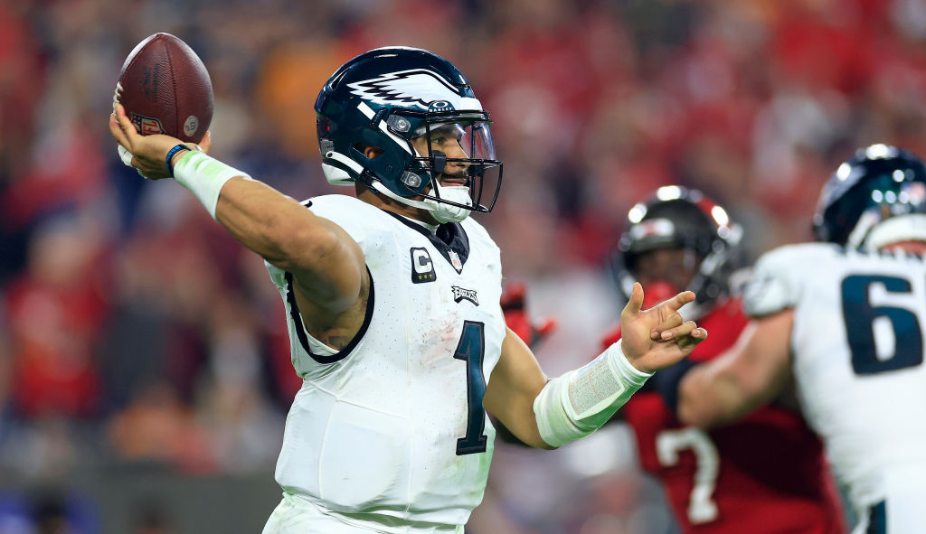 TAMPA, FLORIDA - JANUARY 15: Jalen Hurts #1 of the Philadelphia Eagles plays during the NFC Wild Card game against the Tampa Bay Buccaneers at Raymond James Stadium on January 15, 2024 in Tampa, Florida. (Photo by Mike Ehrmann/Getty Images)