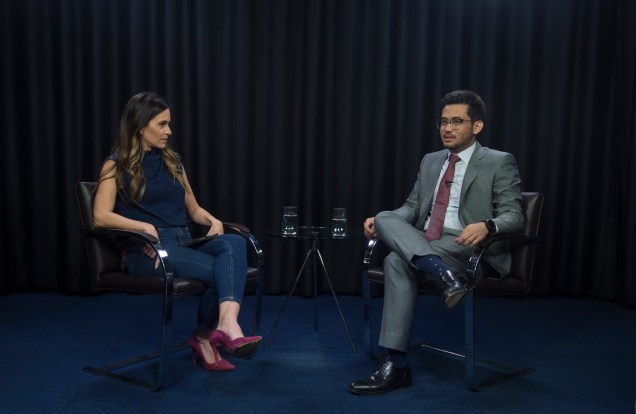 O deputado federal e pré-candidato à prefeitura de São Paulo, Kim Kataguiri, durante entrevista para a jornalista e apresentadora, Marcela Rahal, no programa "Amarelas On Air", de Veja