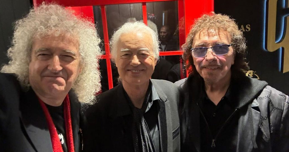 Jimmy Page, do Led Zeppelin, Brian May, do Queen, e Tony Iommi, do Black Sabbath, se reuniram para o lançamento de uma loja de guitarras em Londres