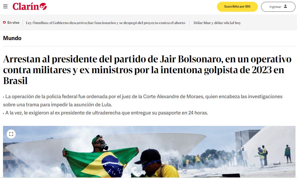 Matéria do jornal argentino Clarín sobre Jair Bolsonaro. 08/02/2024