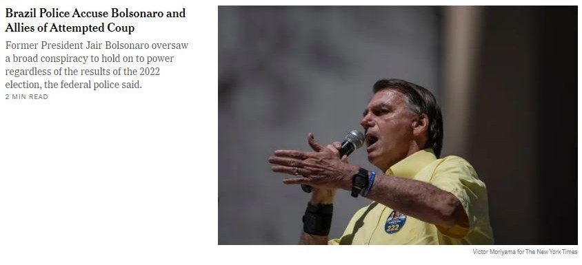 Chamada da matéria sobre operação contra Jair Bolsonaro no site do jornal americano The New York Times. 08/02/2024