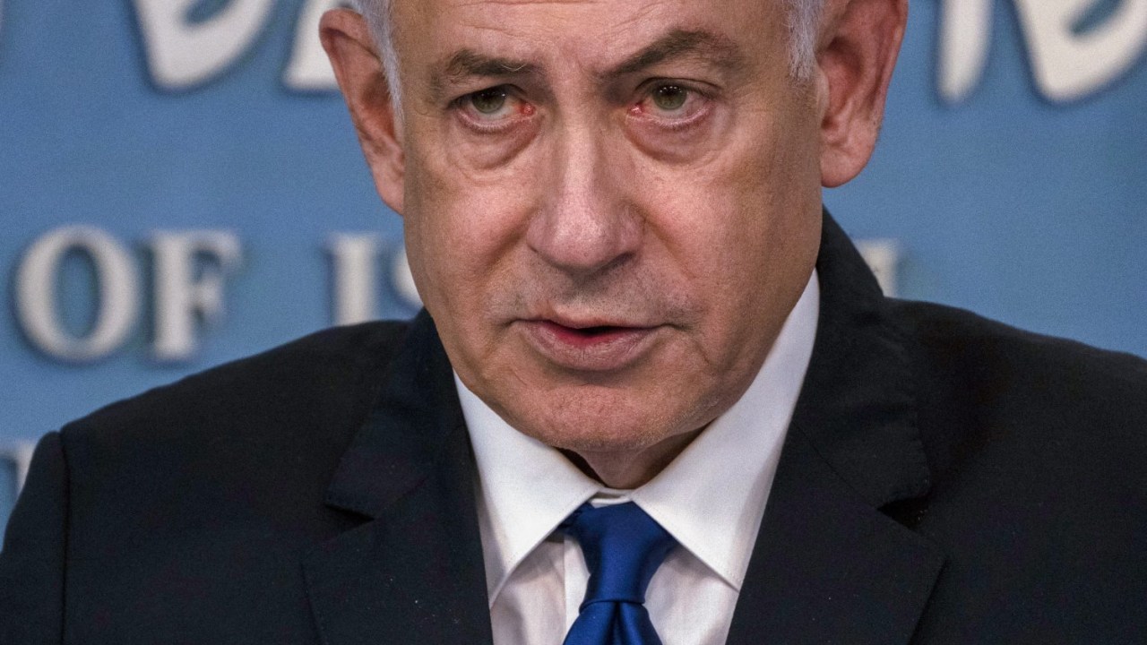 Primeiro-ministro de Israel, Benjamin Netanyahu, durante discurso em uma coletiva de imprensa com o Chanceler da Alemanha, em Jerusalém. 17/03/2024