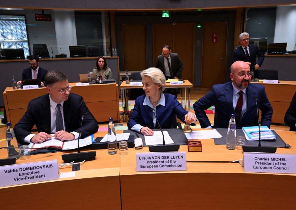 (LtoR) European Commission vice-president Valdis Dombrovskis, EU Commission President Ursula von der Leyen and President of the European Council Charles Michel get ready to take part in a Tripartite Social Summit at the headquarters in Brussels, on March 20, 2024. (Photo by JOHN THYS / AFP)