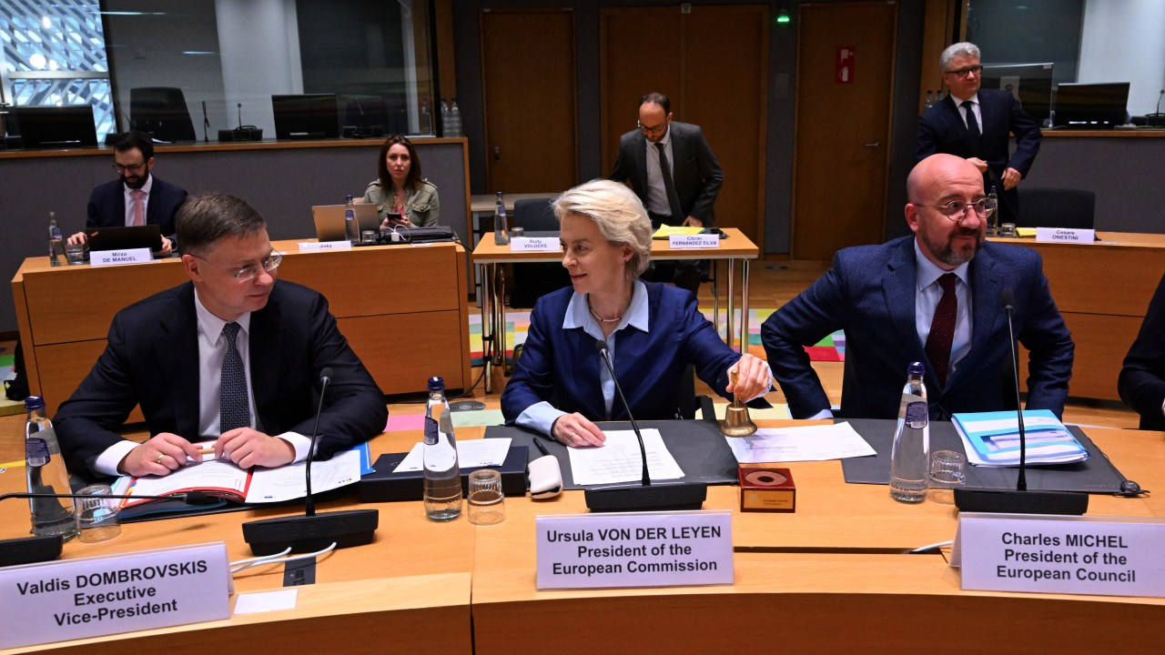 (LtoR) European Commission vice-president Valdis Dombrovskis, EU Commission President Ursula von der Leyen and President of the European Council Charles Michel get ready to take part in a Tripartite Social Summit at the headquarters in Brussels, on March 20, 2024. (Photo by JOHN THYS / AFP)