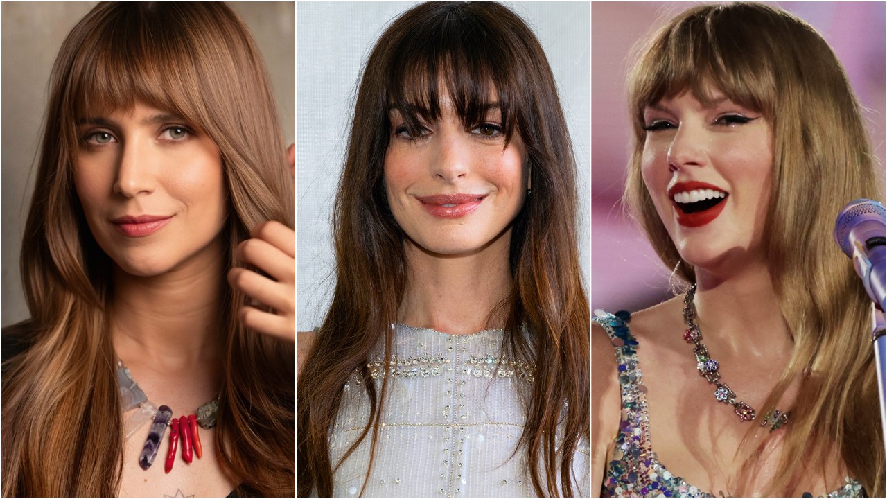 ADAPTAÇÃO - Mel Lisboa, Anne Hathaway e Taylor Swift: estrelas aderem ao visual com fios resvalando sobre os olhos