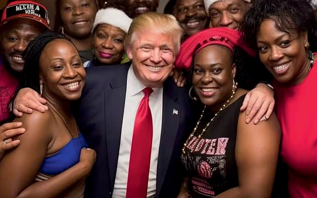 CAMPANHA SUJA - Montagem de Donald Trump com eleitores negros: tudo o que está nesta foto foi gerado por robôs