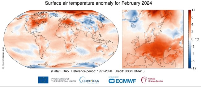 Anomalia da temperatura do ar à superfície para Fevereiro de 2024 relativamente à média de Fevereiro para o período 1991-2020 -