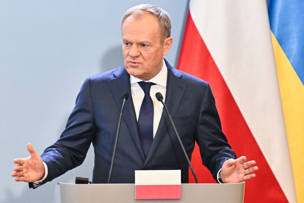 WARSAW, POLAND - MARCH 28: Poland's Prime Minister, Donald Tusk delivers a press statement together with Ukraine’s Prime Minister, Denys Shmyhal, (not pictured) after bilateral meetings at the Chancellery of Prime Minister on March 28, 2024 in Warsaw, Poland. High up on the meeting's agenda is the Polish farmers' protest and border blockade due to Ukrainian agricultural products. (Photo by Omar Marques/Getty Images)