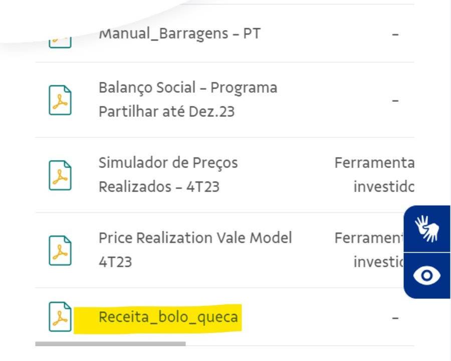 Publicação de receita de bolo nos sistemas da Vale -