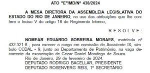 A nomeação de Eduardo Sobreira Moraes no Diário Oficial do Estado do Rio
