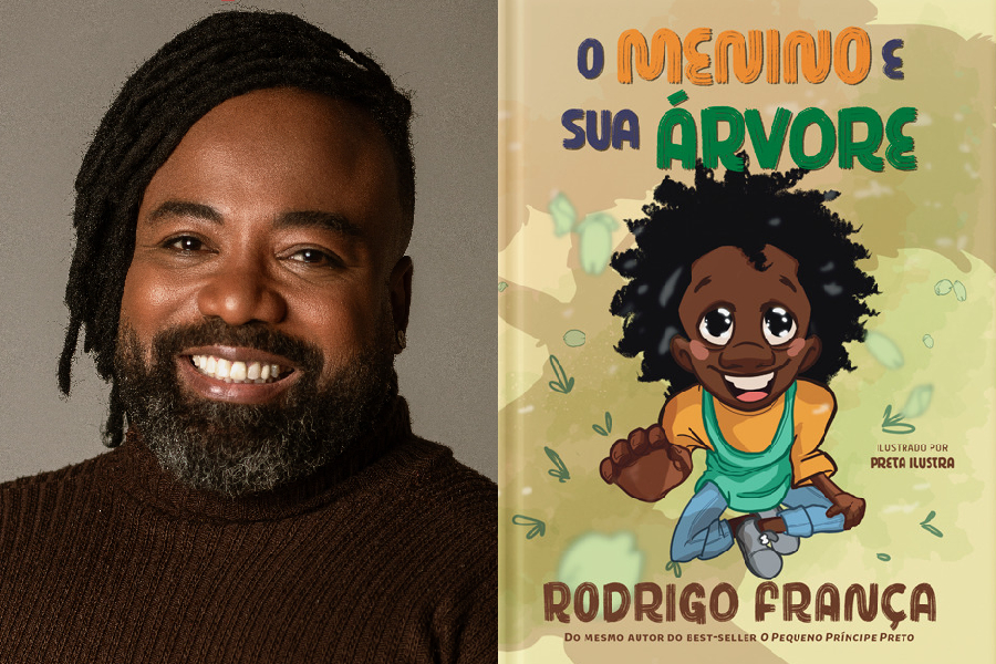 O escritor Rodrigo França e a capa de sua mais nova obra, "O menino e sua árvore"