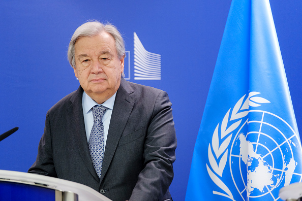 Secretário-geral da ONU, Antonio Guterres, durante discurso sobre a fome em Gaza em Bruxelas, na Bélgica. 20/03/2024