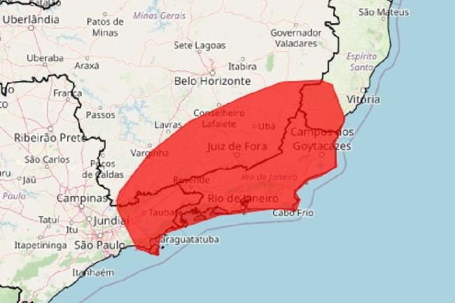 Mapa da área de risco para chuvas intensas no Sudeste