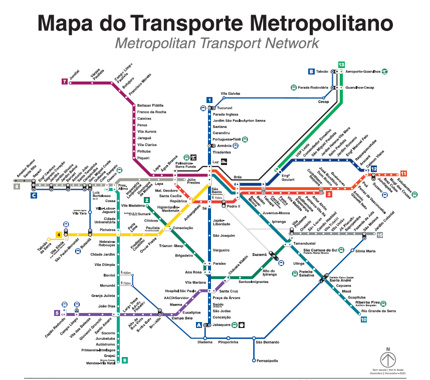 Mapa das linhas e estações do Metrô e da CPTM na região metropolitana de São Paulo