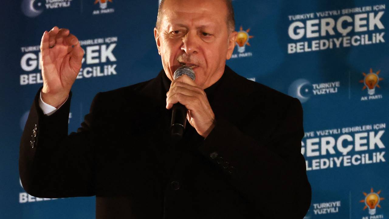 Turkish President and leader of Justice and Development (AK) Party Recep Tayyip Erdogan delivers a speech after the Turkish local Municipal elections, at AK Party Headquarters in Ankara on April 1, 2024. Turkey's main opposition party on March 31 claimed victory in Istanbul and Ankara, with its rising political star emerging from local elections as a serious challenger to veteran President Recep Tayyip Erdogan. Erdogan, addressing supporters at his party's headquarters in Ankara, acknowledged a "turning point" for his party and promised to respect the results. Partial results from across the nation of 85 million people showed major advances for the Republican People's Party (CHP) at the expense of Erdogan's Justice and Development Party (AKP) that has dominated politics for more than two decades. (Photo by Adem ALTAN / AFP)