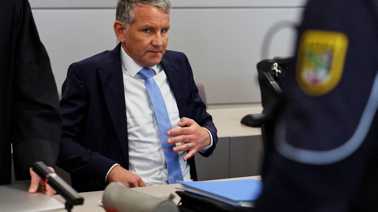 German far-right politician of the Alternative for Germany (AfD) Bjoern Hoecke attends his trial over the alleged use of Nazi phrases during a speech in May 2021, at the regional court in Halle, eastern Germany on April 18, 2024. Bjoern Hoecke, 52, one of Germany's most controversial far-right politicians will go on trial on April 18, 2024 for using a banned Nazi slogan at a party meeting and a campaign event. Hoecke is the head of the far-right AfD in Thuringia, one of three former East German states where the party is leading opinion polls ahead of regional elections in September. (Photo by Fabrizio Bensch / POOL / AFP)