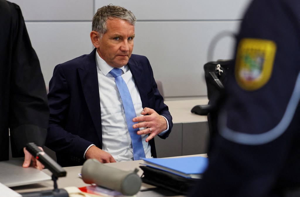 German far-right politician of the Alternative for Germany (AfD) Bjoern Hoecke attends his trial over the alleged use of Nazi phrases during a speech in May 2021, at the regional court in Halle, eastern Germany on April 18, 2024. Bjoern Hoecke, 52, one of Germany's most controversial far-right politicians will go on trial on April 18, 2024 for using a banned Nazi slogan at a party meeting and a campaign event. Hoecke is the head of the far-right AfD in Thuringia, one of three former East German states where the party is leading opinion polls ahead of regional elections in September. (Photo by Fabrizio Bensch / POOL / AFP)