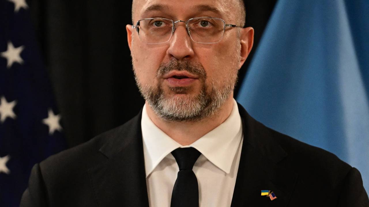 Ukrainian Prime Minister Denys Shmyhal speaks during a meeting with US Treasury Secretary Janet Yellen (out of frame) at the World Bank headquarters in Washington, DC, on April 17, 2024. (Photo by Jim WATSON / AFP)