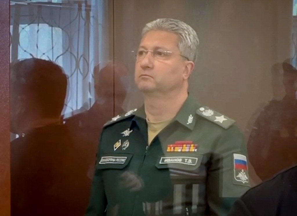 This grab from a handout footage taken and released by Moscow City Court press service on April 24, 2024 shows Timur Ivanov, Russian deputy DefenCe Minister, standing in a glass cage at the Basmanny District Court in Moscow. Russian law enforcement have detained Deputy Defence Minister Timur Ivanov on suspicion of taking bribes, Russia's Investigative Committee said on April 24, 2024. The arrest of Timur Ivanov, a long-time ally of Defence Minister Sergei Shoigu, is the most dramatic corruption case in Russia in recent years, and comes as spending on the military has ballooned amid its offensive on Ukraine. (Photo by Handout / MOSCOW CITY COURT PRESS SERVICE / AFP) / RESTRICTED TO EDITORIAL USE - MANDATORY CREDIT "AFP PHOTO /MOSCOW CITY COURT PRESS SERVICE" - NO MARKETING NO ADVERTISING CAMPAIGNS - DISTRIBUTED AS A SERVICE TO CLIENTS