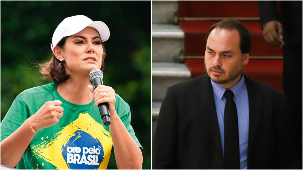 2WMEB95_fotoarena.jpg TUDO EM FAMÍLIA - Michelle Bolsonaro e Carlos: enquanto ela se esforça para mobilizar evangélicos, ele cuida das redes