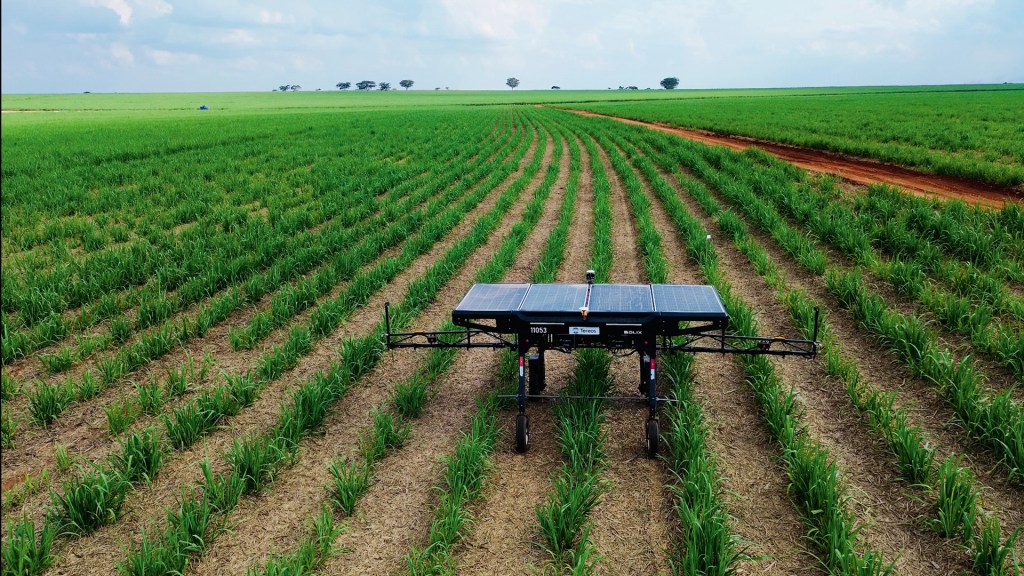 Robô agrícola alimentado por energia solar, da Tereos: a posição no canavial é dada por satélite