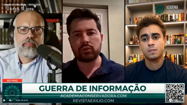 allan-dos-santos-terça-livre-nikolas-ferreira-paulo-figueiredo O blogueiro Allan dos Santos (à esq. na foto), fundador do Portal Terça Livre, durante live realizada com o jornalista Paulo Figueiredo (centro) e o deputado federal Nikolas Ferreira (PL-MG) (à dir.)