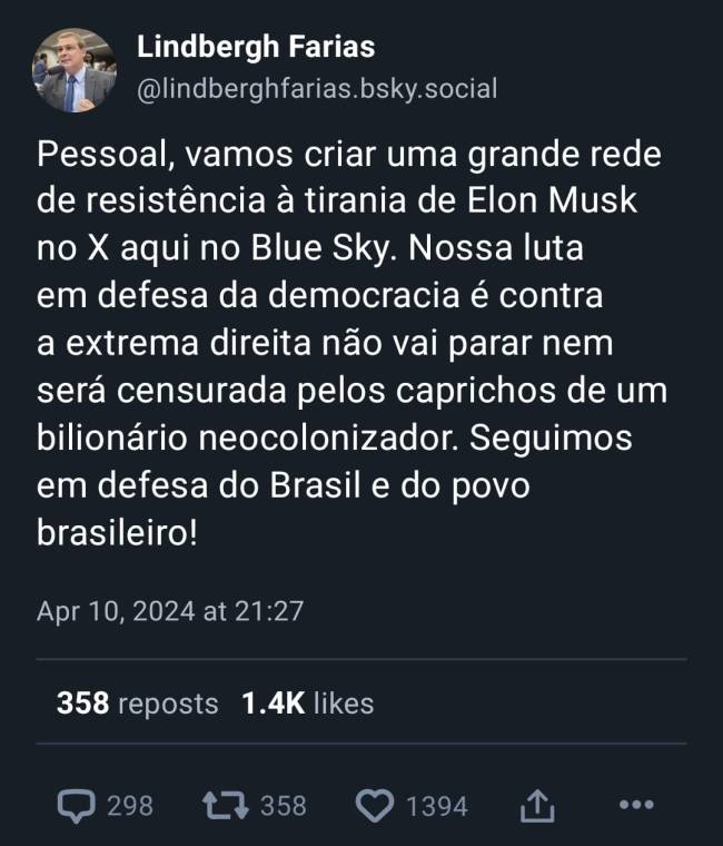 Publicação do deputado federal Lindberg Farias (PT-RJ) em seu perfil oficial no Bluesky em 10 de abril de 2024