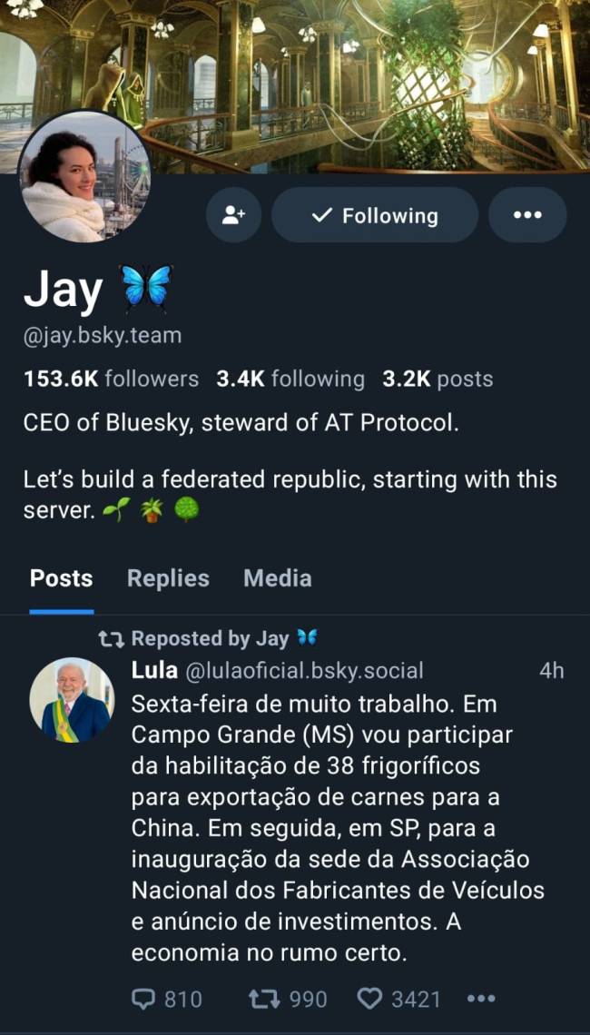 lula-bluesky-jay-graber A CEO e fundadora do Bluesky, Jay Graber, compartilha a primeira publicação do presidente Luiz Inácio Lula da Silva na rede social