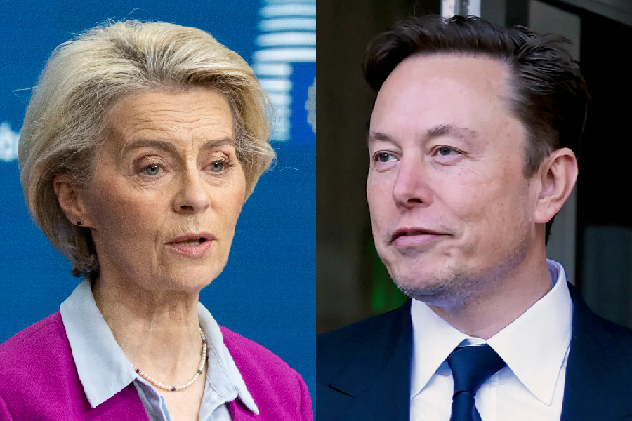 A presidente da Comissão Europeia, Ursula von der Leyen, e o sócio-proprietário do X (antigo Twitter), Elon Musk
