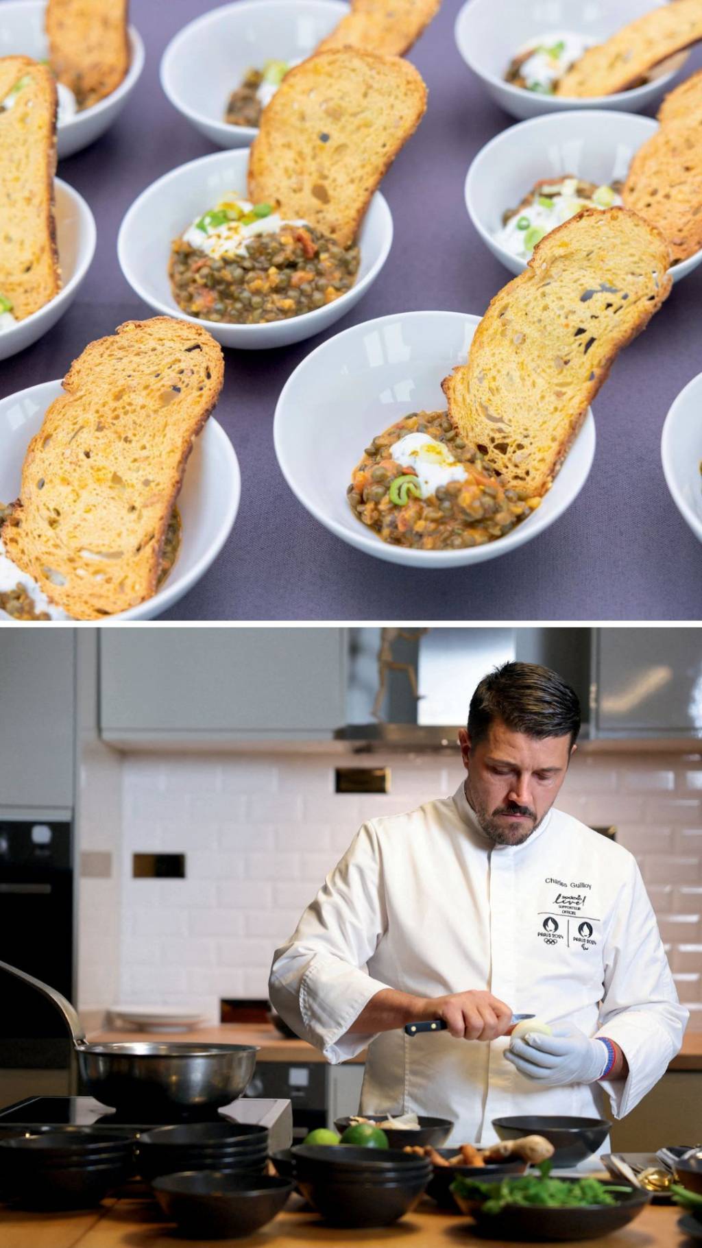 427638724 BOM PARA A ALMA E O CORPO - O dahl de lentilhas verdes cozidas com iogurte à base de coentro de Charles Guilloy (abaixo), o chefão do refeitório: zelo nutritivo