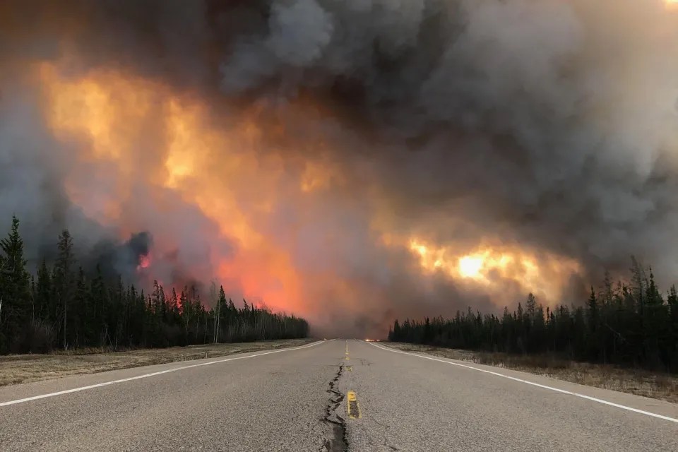 Chamas atingem a rodovia 35 de Alberta, que foi fechada devido a um incêndio florestal perto da fronteira entre as províncias de Alberta e Colúmbia Britânica, no Canadá. 10/05/2024 -