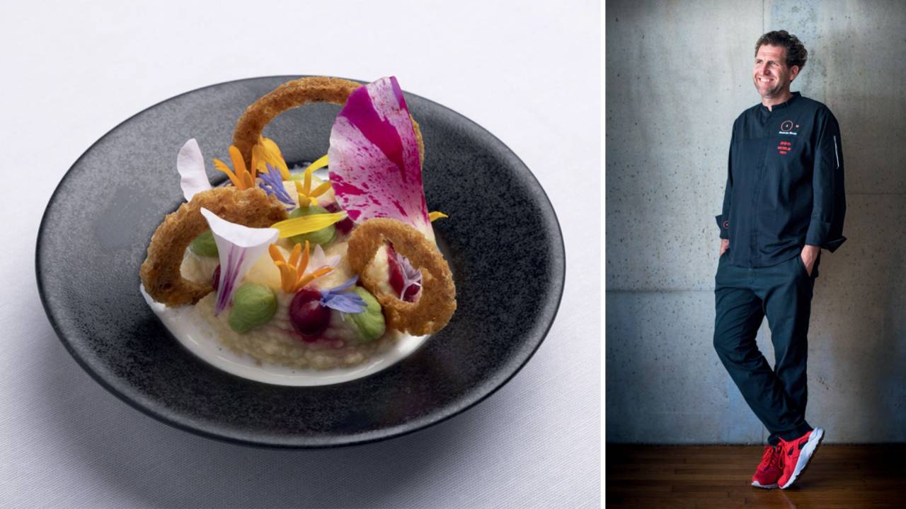 TRADIÇÃO - O grão-de-bico com ervilhas, beterraba e peixe do marselhês Alexandre Mazzia (à dir): três estrelas Michelin