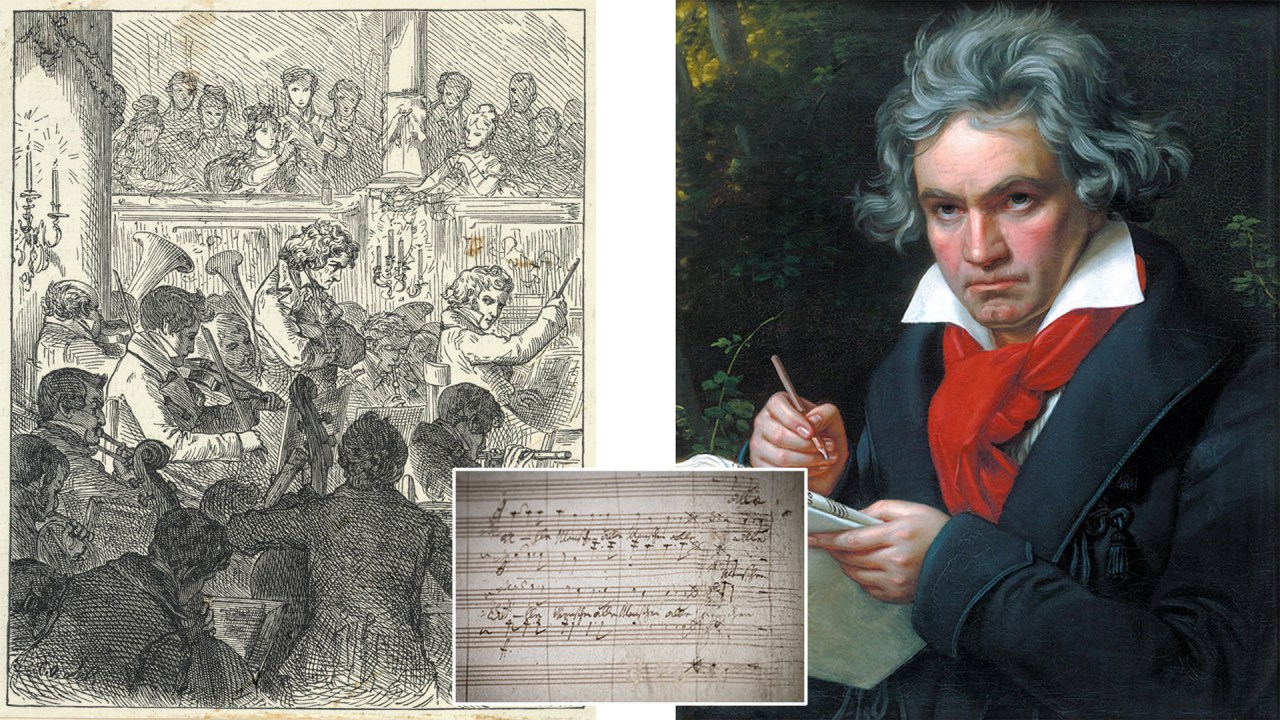 DO VEXAME À GLÓRIA - Beethoven (à dir.), gravura do século XIX com o compositor na estreia em Viena (à esq.) e a partitura original: obra-prima nasceu em concerto confuso