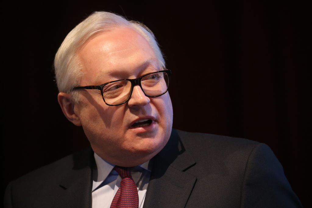 MOSCOW, RUSSIA - APRIL 20 (RUSSIA OUT): Russian Deputy Foreign Affairs Minister Sergei Ryabkov speaks during the annual meeting of the Russian Academy of Science (RAS) on April 20, 2021 in Moscow, Russia. The in-person meeting of top Russian scientists was held on Tuesday for the first time in two years because of the coronavirus (COVID-19) pandemic. (Photo by Mikhail Svetlov/Getty Images)
