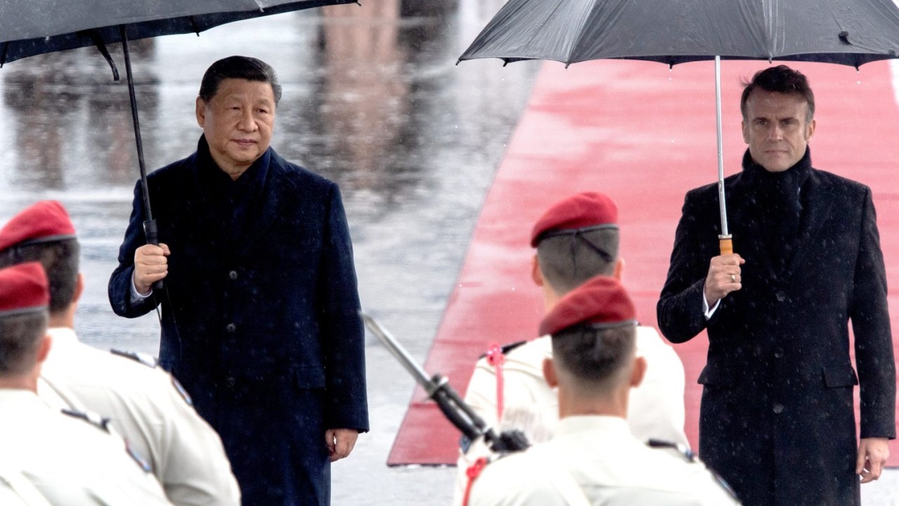 Xi Jinping, China's president, left, and Emmanuel Macron, France's president, at Tarbes-Lourdes Pyrenees airport, in Tarbes, France, on Tuesday, May 7, 2024. The EU and China have found themselves at odds on multiple fronts, including Russia's war in Ukraine and international commerce. Photographer: Matthieu Rondel/Bloomberg via Getty Images