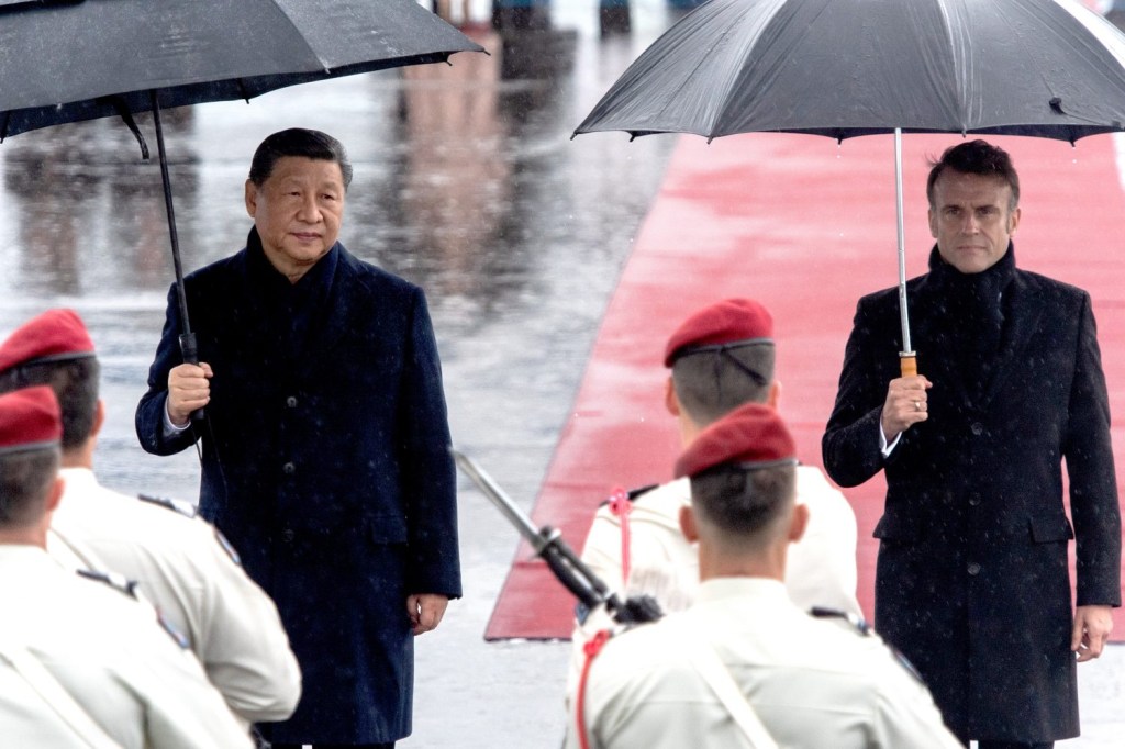 Xi Jinping, China's president, left, and Emmanuel Macron, France's president, at Tarbes-Lourdes Pyrenees airport, in Tarbes, France, on Tuesday, May 7, 2024. The EU and China have found themselves at odds on multiple fronts, including Russia's war in Ukraine and international commerce. Photographer: Matthieu Rondel/Bloomberg via Getty Images