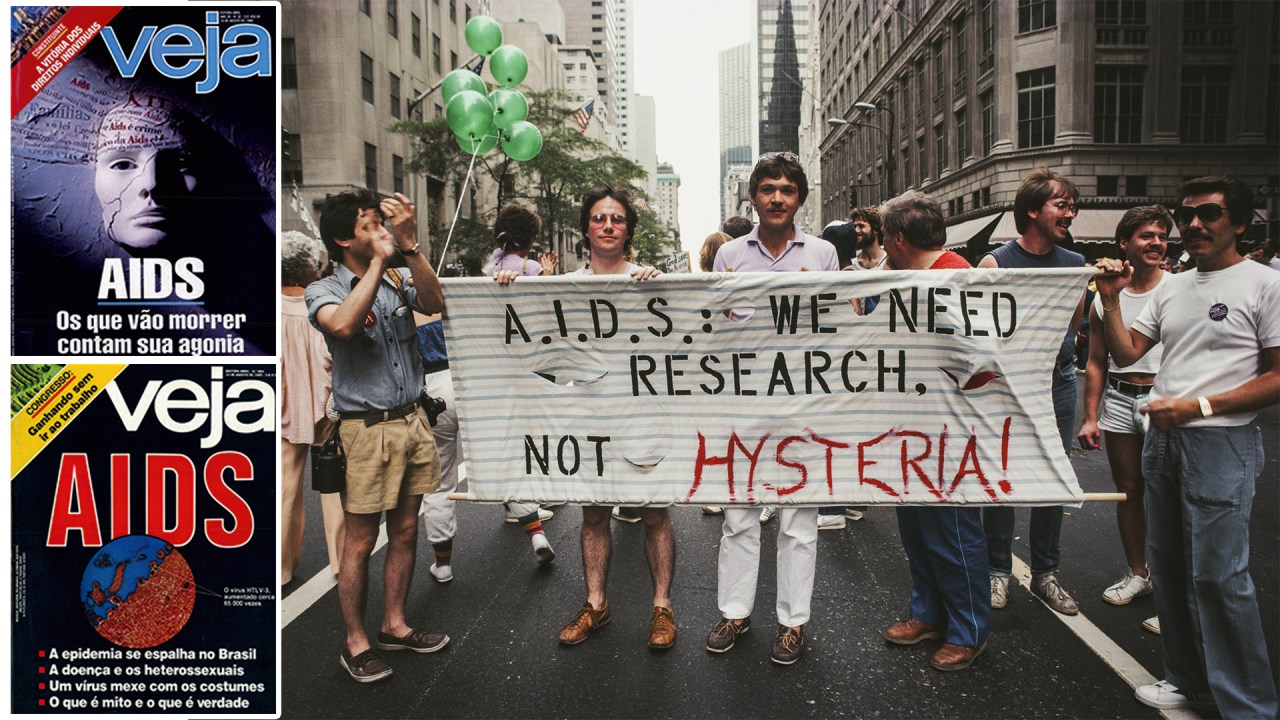 AVANÇO DA CIÊNCIA - No início dos anos 1980, manifestantes pedem menos histeria e mais pesquisa (à dir.): a trajetória da aids foi tema de sucessivas e premiadas capas de VEJA