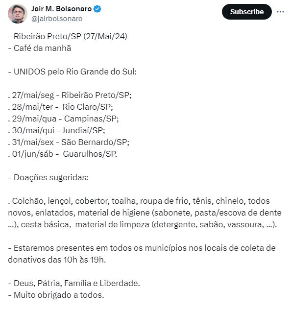Tuíte de Bolsonaro Bolsonaro