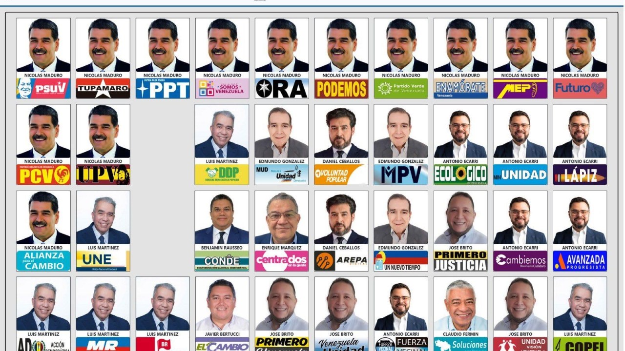Carão eleitoral para as eleições presidenciais da Venezuela divulgado pelo Conselho Nacional Eleitoral (CNE) do país.