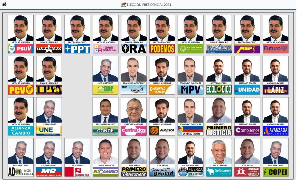 Carão eleitoral para as eleições presidenciais da Venezuela divulgado pelo Conselho Nacional Eleitoral (CNE) do país.