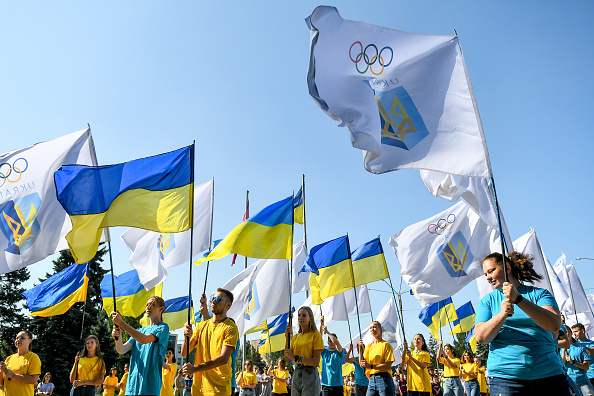 Cerimônia de hasteamento das bandeiras da Ucrânia e do Comitê Olímpico Nacional na cidade de Zaporíjia, Ucrânia. 23/07/2021