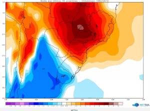 Imagem divulgada pelo Metsul mostra choque entre massa de ar quente (vermelho) e fria (azul) Imagem divulgada pelo Metsul mostra choque entre massa de ar quente (vermelho) e fria (azul)