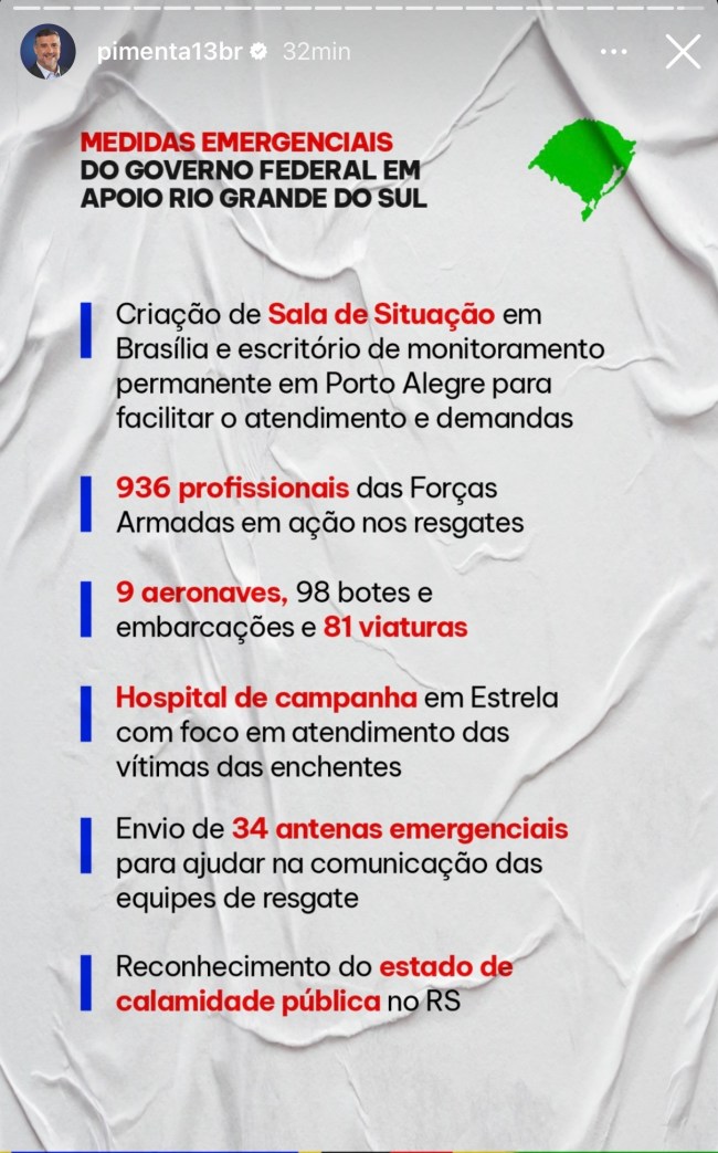 paulo pimenta instagram 2 Socorro ao estado: governo federal montará escritório de monitoramento em Porto Alegre
