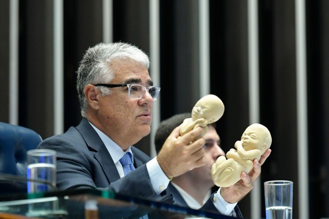O senador Eduardo Girão (Novo-CE) segura dois 