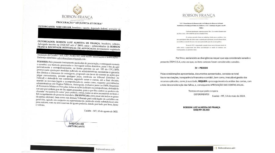 Design sem nome (4) Procuração assinada por Geller em agosto de 2022 (esq.) e alegações finais feitas por França na prestação de contas do partido, em maio de 2024 (direita)