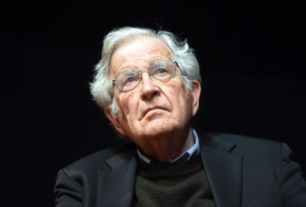 The US american social critic Noam Chomsky delivers a speech in the Center for Art and Media in Karlsruhe, Germany, 30 May 2014. Photo: Uli Deck/dpa | usage worldwide (Photo by Uli Deck/picture alliance via Getty Images)