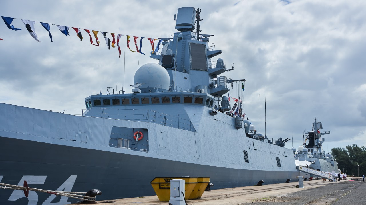 The Russian frigate Admiral Gorshkov, left, and the Chinese frigate Rizhao 598, ahead of naval drills between Russia, South Africa and China, in Richards Bay, South Africa, on Wednesday, Feb. 22, 2023. The exercises, known as MOSI II, have been criticized by some of South Africas biggest trade partners, including the US and European Union, who have questioned the timing of the exercises, which take place one year after Russia launched its invasion of Ukraine. Photographer: Waldo Swiegers/Bloomberg via Getty Images