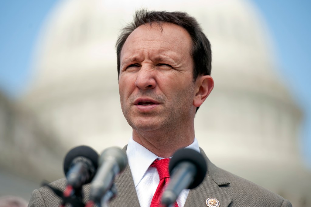 UNITED STATES - MARCH 29: Rep. Jeff Landry, R-La., speaks at a news conference at the house triangle with other members of the House Natural Resources Committee on energy provisions in the House Republican budget. (Photo By Tom Williams/CQ Roll Call)