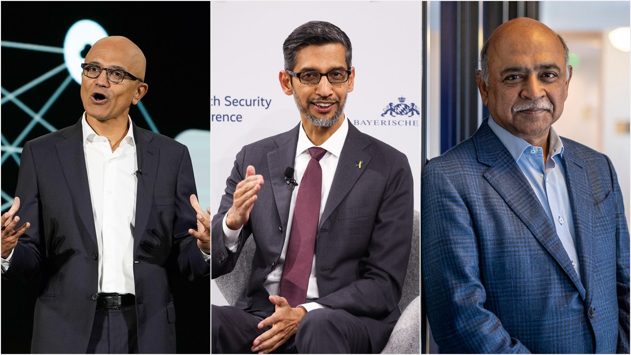No topo global: Satya Nadella (à esq.) lidera a Microsoft; Sundar Pichai, o Google; e Arvind Krishna, a IBM